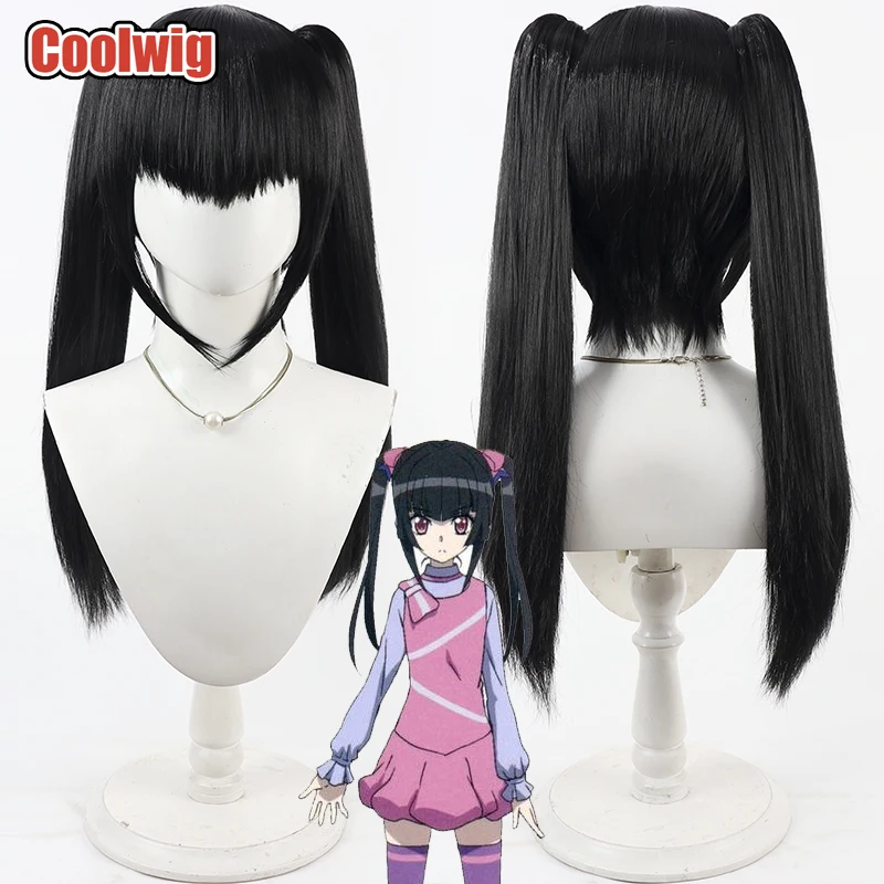 Coolwig Synthetic Hair Shirabe Tsukuyomi Cosplay Wigs Symphogear GX Shirabe Tsukuyomi 60cm Black Ponytail Wig Heat Resistant