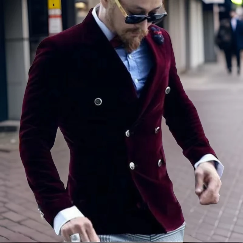 Velvet Suit Jacket for Men Notch Lapel Double Breasted Blazer Customized Wedding Party Formal Occasion Groom Plus Size