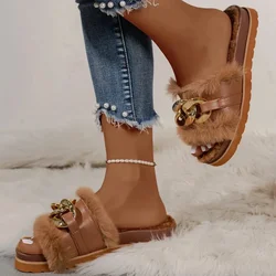 2024 Winter Plush Slippers Fashion Open Toe Solid Color Women's Sandals Metal Chain Outdoor Casual Women's Shoes  Fashion Shoes