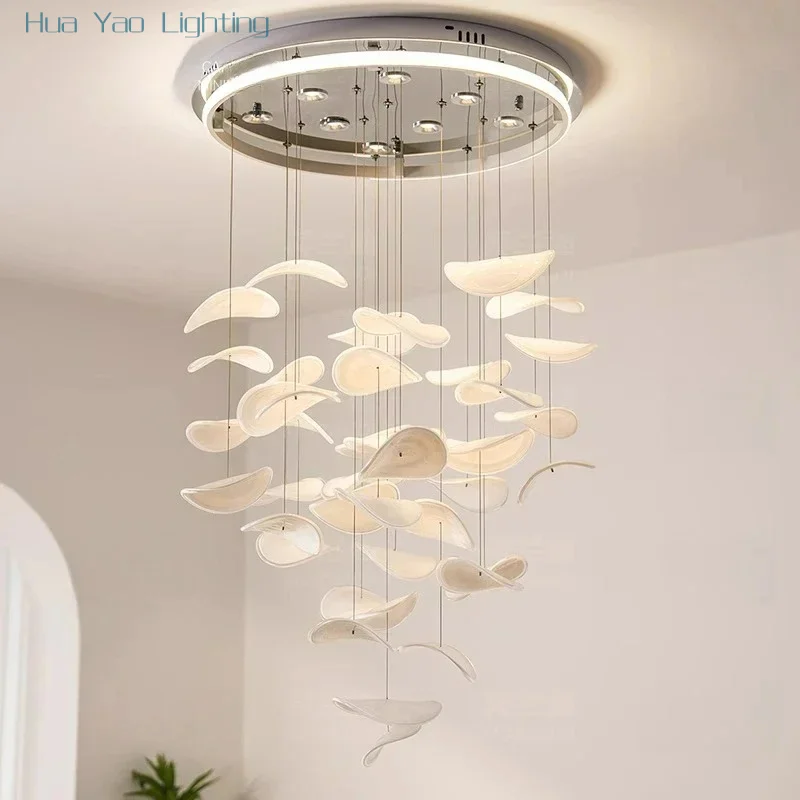 

Modern Creative Decorative Art White Chandelier Light Luxury Lotus Leaf Staircase Villa Living Room Restaurant Ceiling Lamp