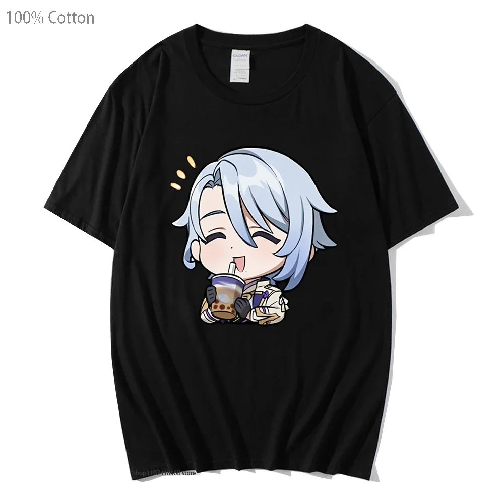 Genshin Impact Kamisato Ayato Tshirt Anime Cartoon Print Tops Short Sleeve Funny To Drink Milk Tea T-Shirts Women/Men Casual Y2k