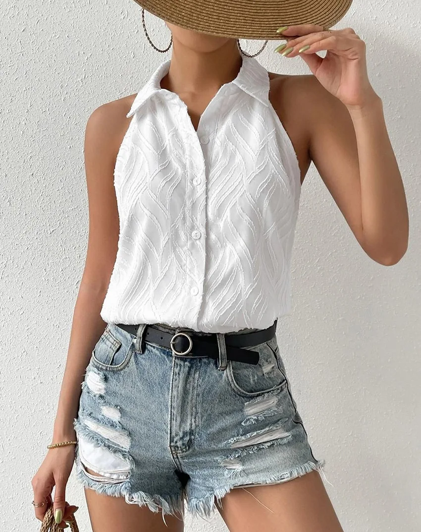 YAMIKO White Jacquard Weave Vest Top donna bavero senza maniche Button Camis Summer Office Ladies Slim Shirts Vest 2024 Top femminile