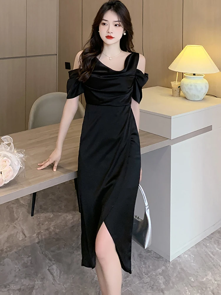 Robe en Satin noir Chic, épaules dénudées, Sexy, écharpe, Vintage coréen, Hepburn, vêtements de bal, été, élégante, robe de nuit de luxe, 2025