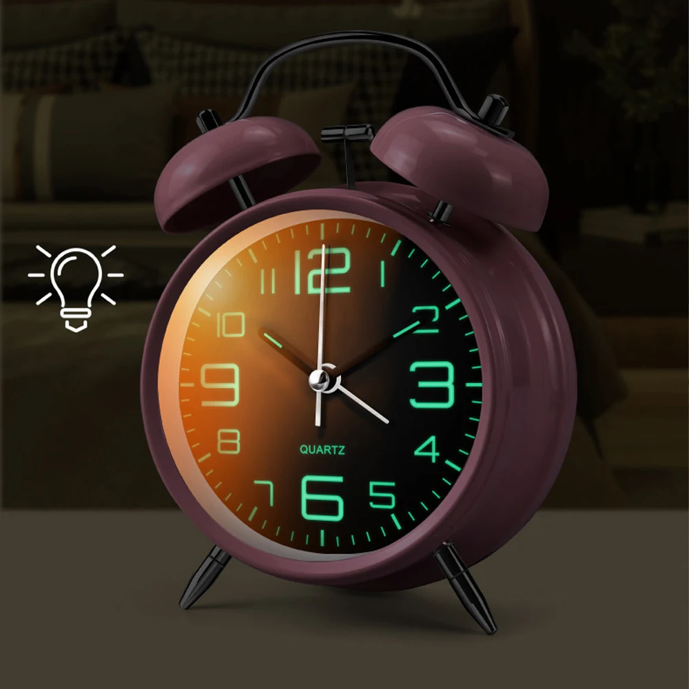 4 Inch Luminous Alarm Clock Metal Frame Twin Bell Loud Volume Wake Up Student Bedside Table Clock for Home Office Classroom