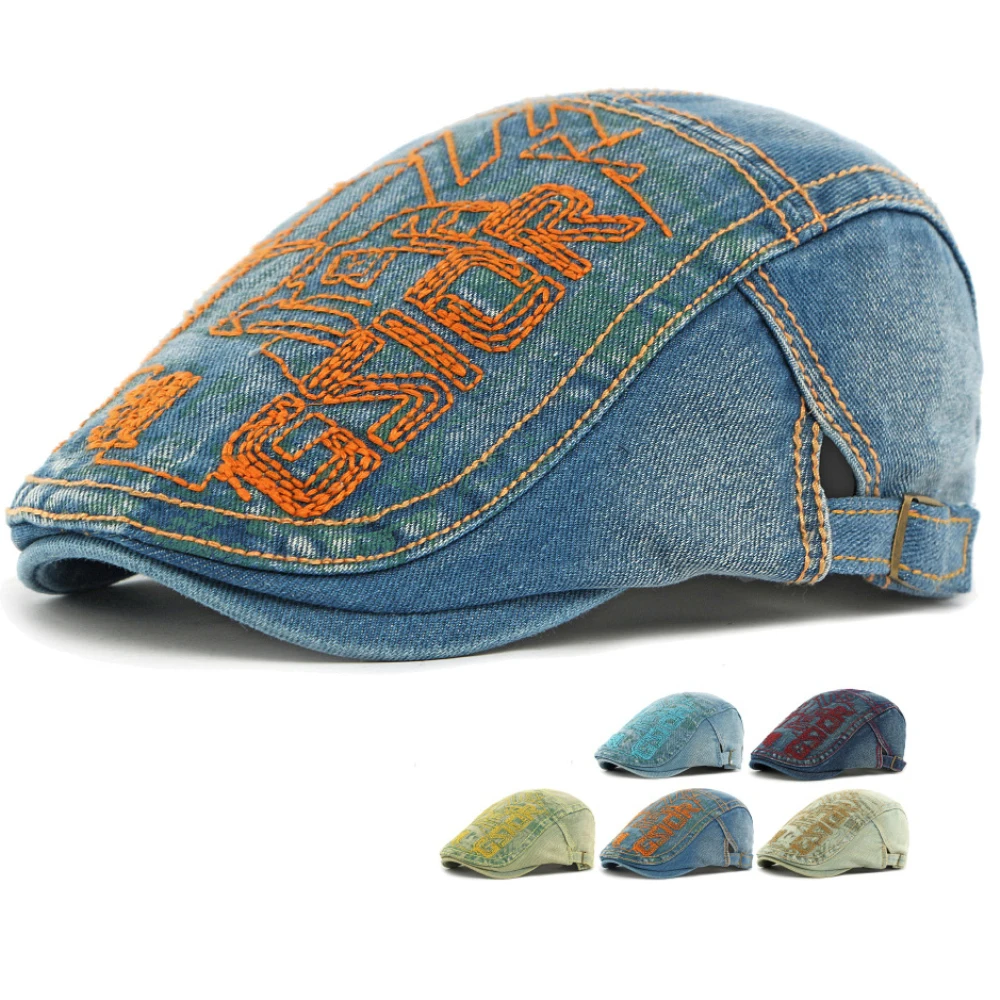 

HT4931 Mens Berets Women Vintage Letters Embroidery Artist Painter Denim Beret Hat Adjustable Ivy Flat Cap Male Female Beret Cap