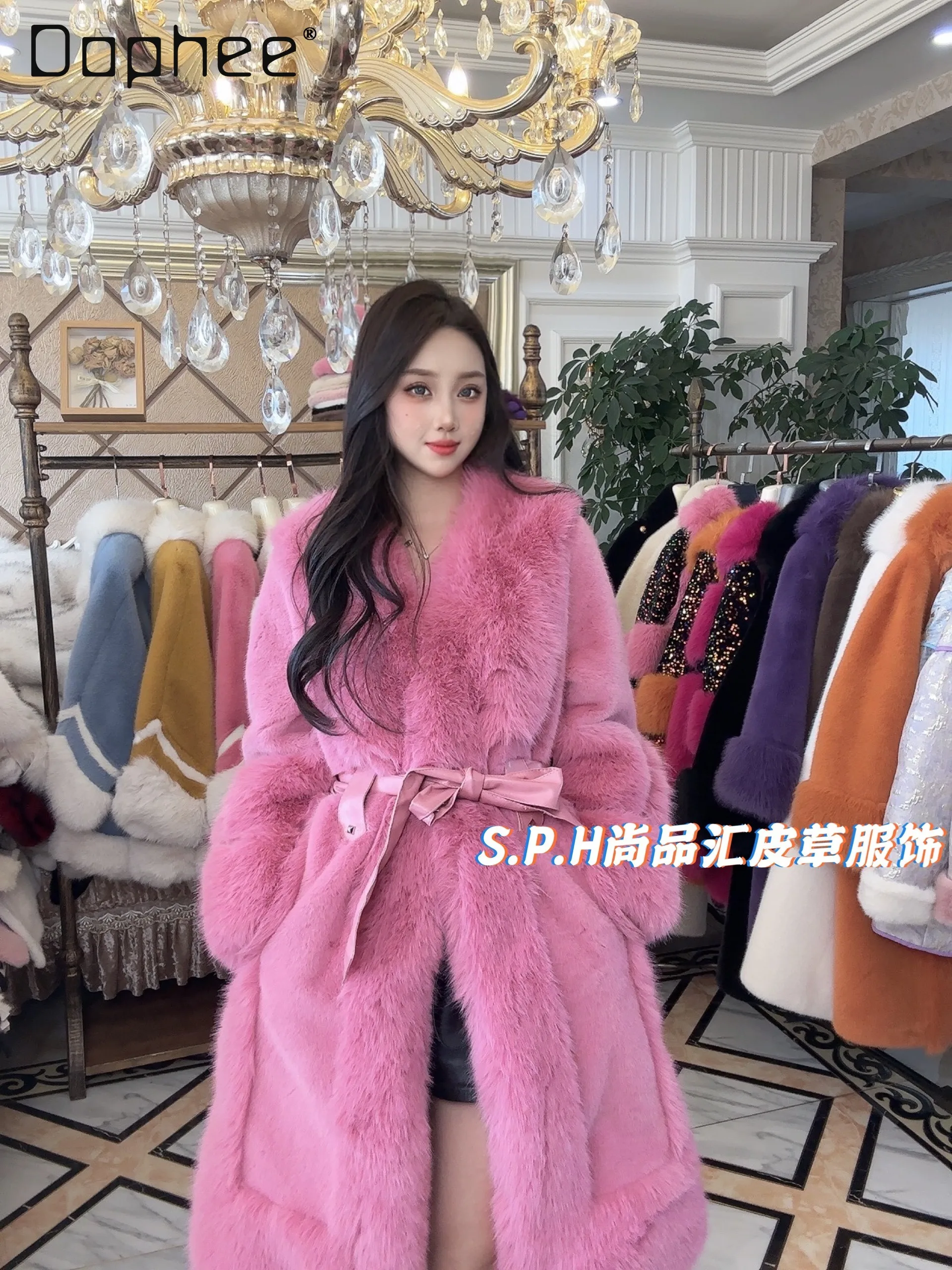 Toka Fox Hair Long Faux Fur Coat Women 2024 Winter Boutique European Mink Atmosphere V Neck Long Sleeve Jacket Fluffy Jacket