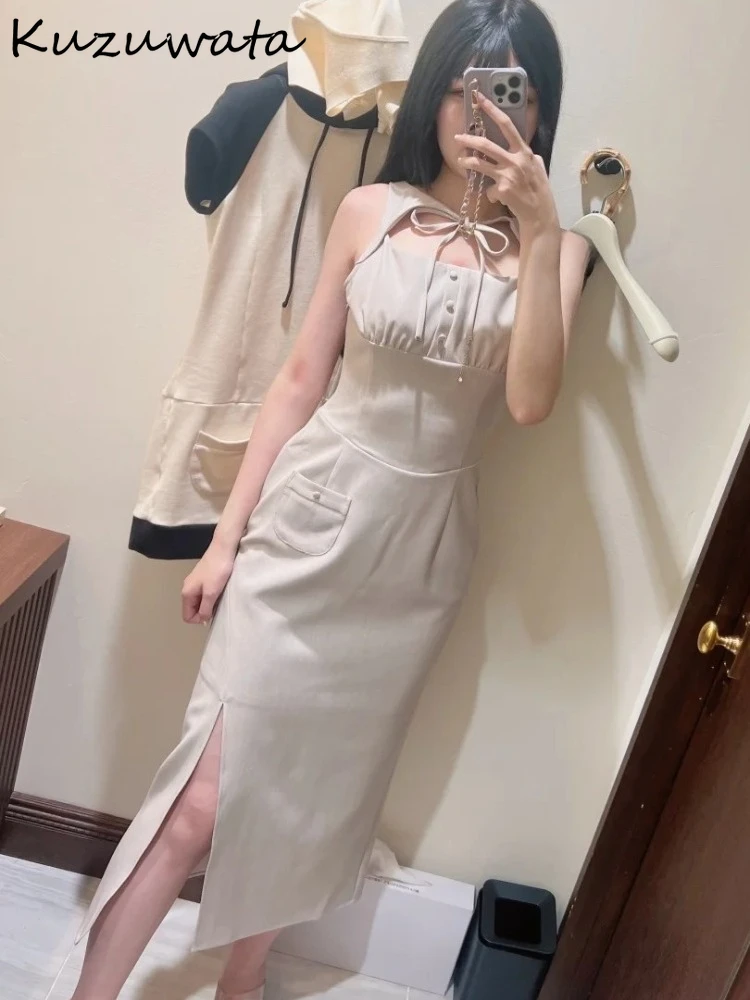 

Kuzuwata Age Reduction Solid Sleeveless O Neck Mujer Hollow Out Lace Up Vent Robe Japan Slim Mid-length Elegant Fashion Dress