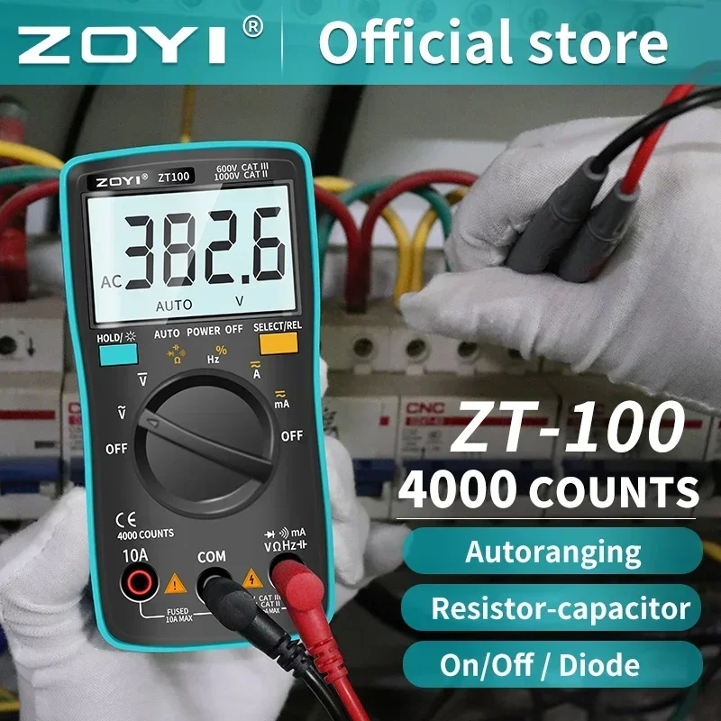 Digital Multimeter ZT100 4000 counts DC/AC Voltage Current Capacitance Hz Diode Ohm tester Ammeter Voltmeter Backlight