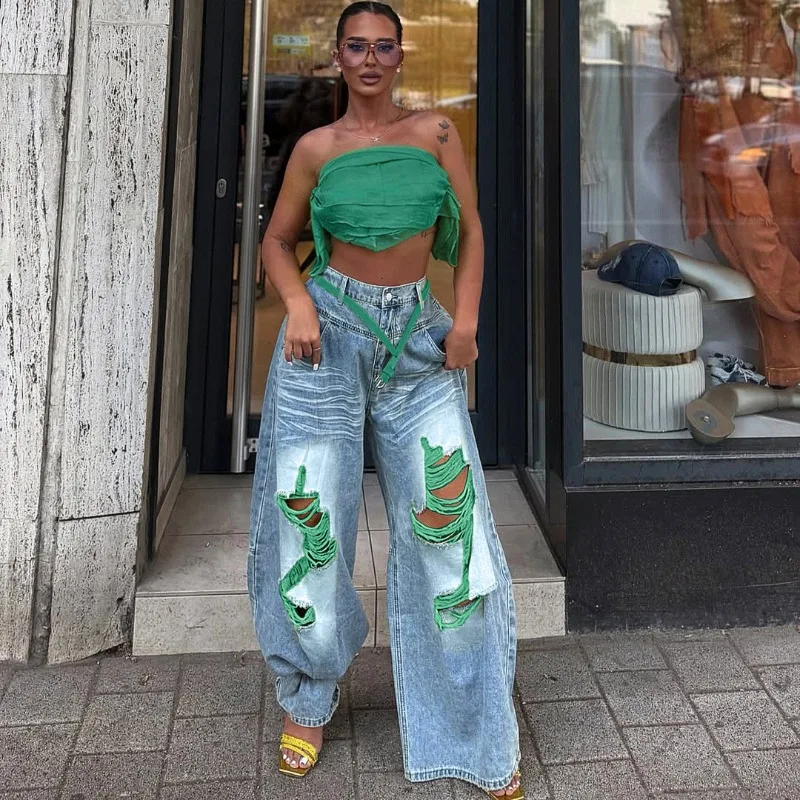 Color Block Ripped Wide Leg Jeans Women Streetwear Cargo Style Loose Draped Long Denim Pants