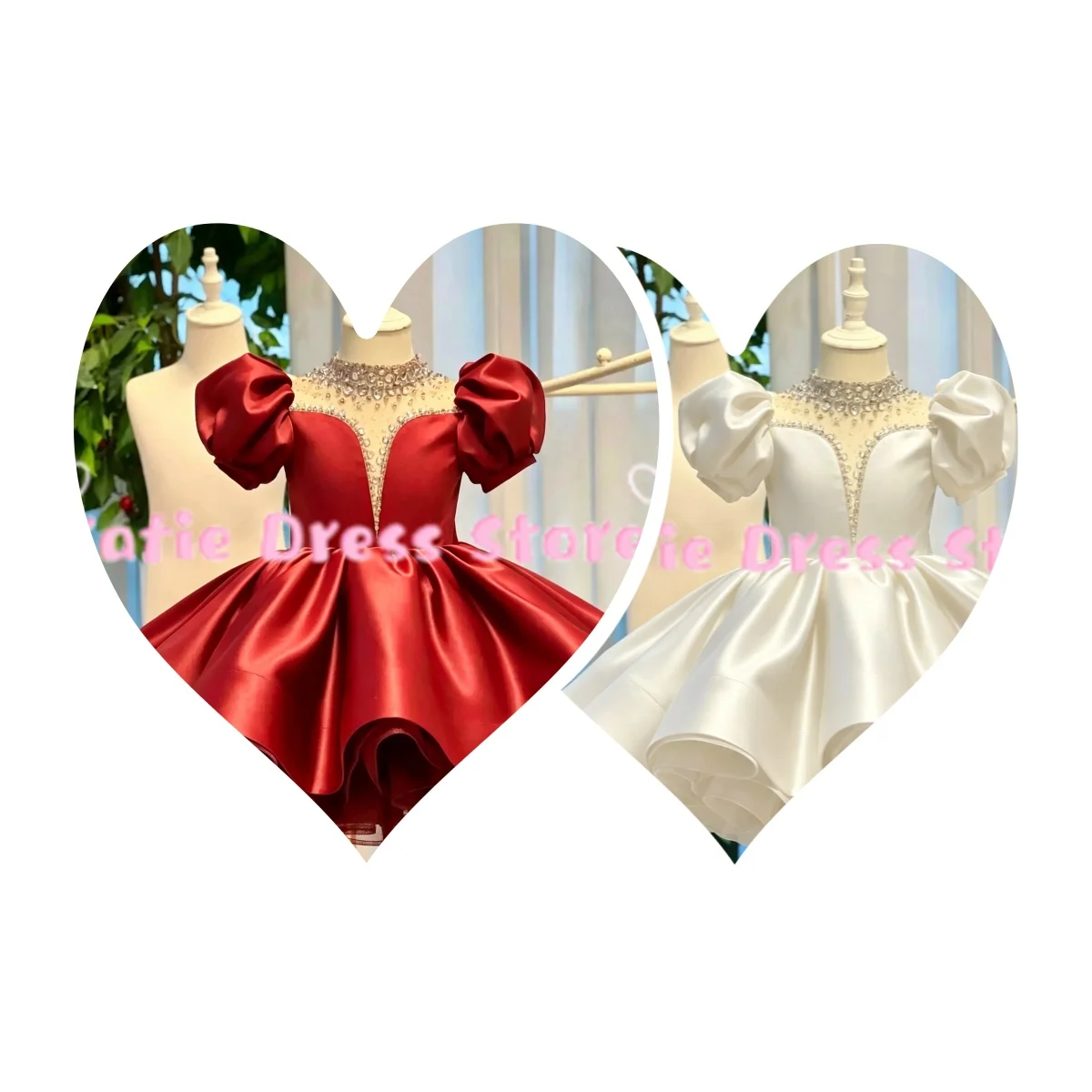 

Customized Shiny Beading Flower Girl Dress For Wedding Satin Bubble Sleeve Kids Birthday Party First Communion Ball Gowns