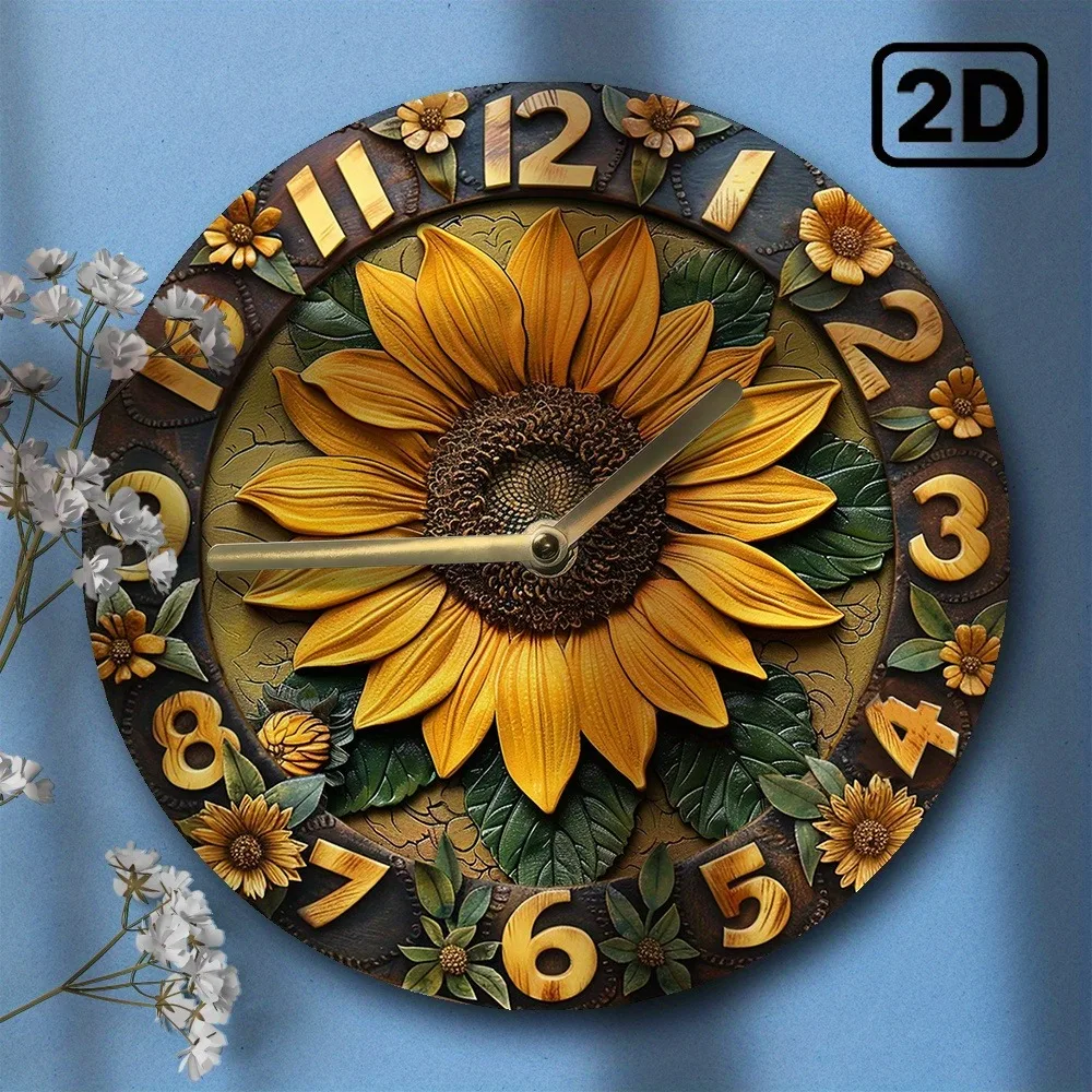 Wooden wall clock with sunflower pattern, perfect for home decor. Runs on AA batteries