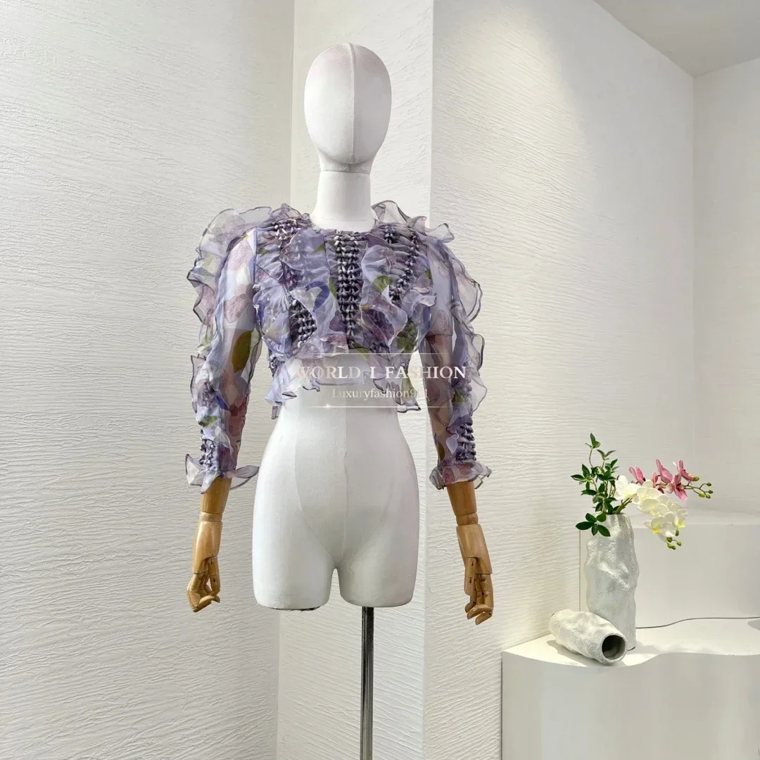 

Blouse Tops and Skirt Women Outfit Pure Silk High Quality 2025 New Cropped Top Braid Violet Purple Color Floral Print Ruffles
