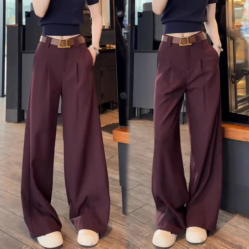2025 outono novo high-end casual com cinto calças de perna larga mulheres cintura alta e sensação caída calças de perna reta