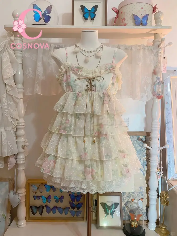 Nuevo Vestido de Verano Estilo Vintage, Dulce y Romántico, con Tirantes Finos, para Mujer, Estilo Petite, con Estampado Floral, Mini Vestido, Atuendo de Hada Y2K