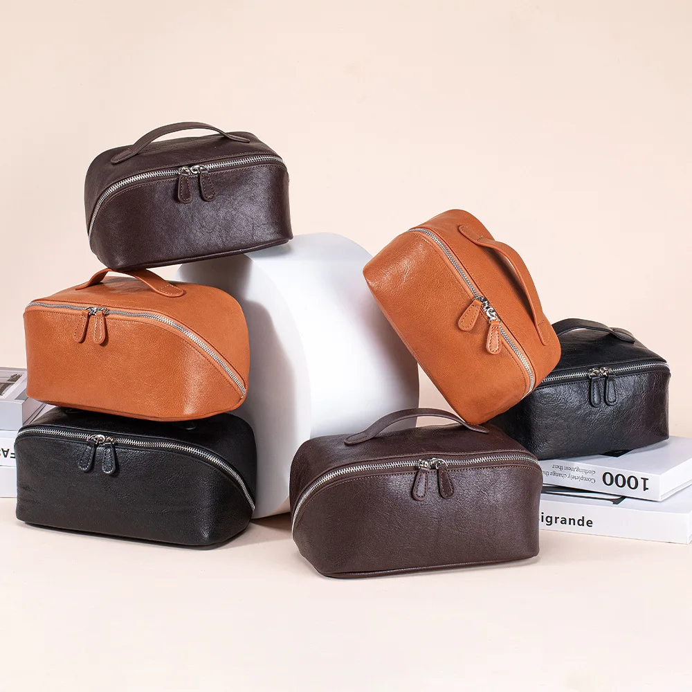 New vegetable-tanned top-layer cowhide portable makeup bag, large-capacity light luxury hand-held toiletry bag, genuine leather