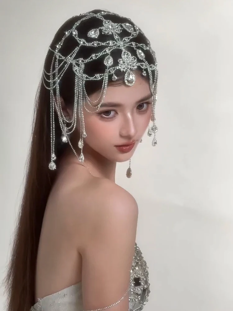 Super Flash voller Diamant Wassertropfen Fransen Kopfbedeckung exotischer Stil Augenbrauen Anhänger Haarschmuck Prinzessin Stirnkette Frau