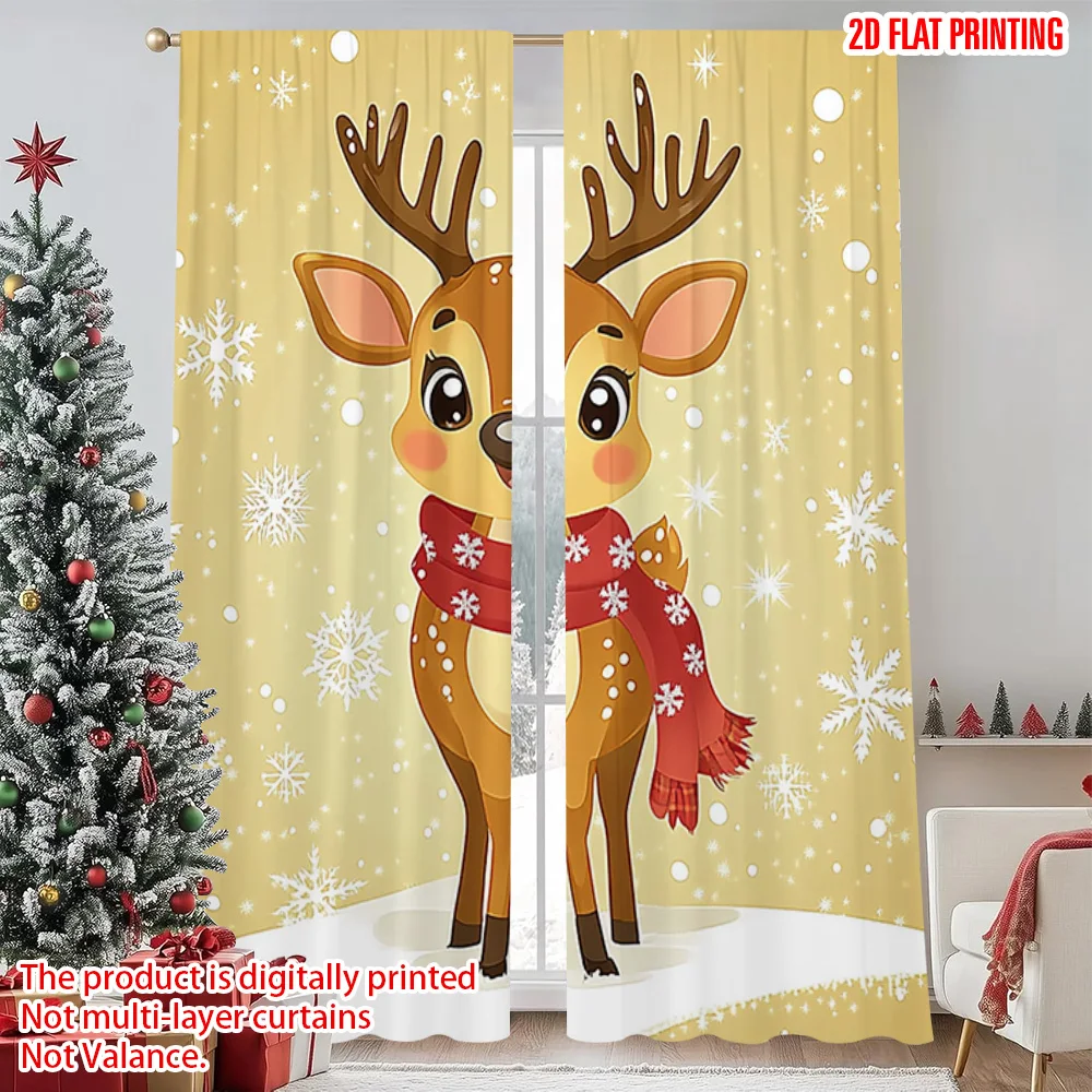 

2pcs 2D flat printing Christmas Party Curtain Cute cartoon reindeer (3) Polyester Without Electricity Versatile Use for Living