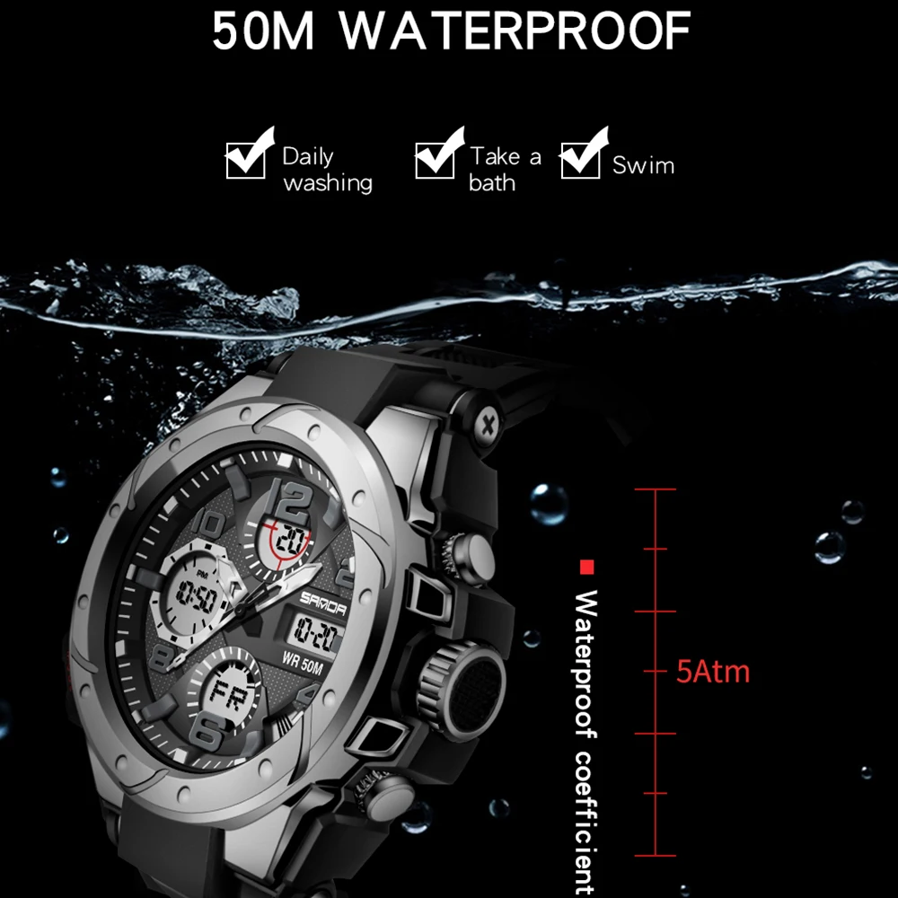 SANDA Outdoor Sports Men\'s Quartz Watch Military Waterproof Watches G Style Dual Display LED Digital Men Watch Relogio Masculino