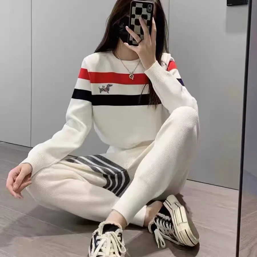 New Casual Sports 2 Piece Sets Women Outfit Knitted Dog Embroidery Preppy Style O-neck Sweater + Striped Pants Women's Tracksuit