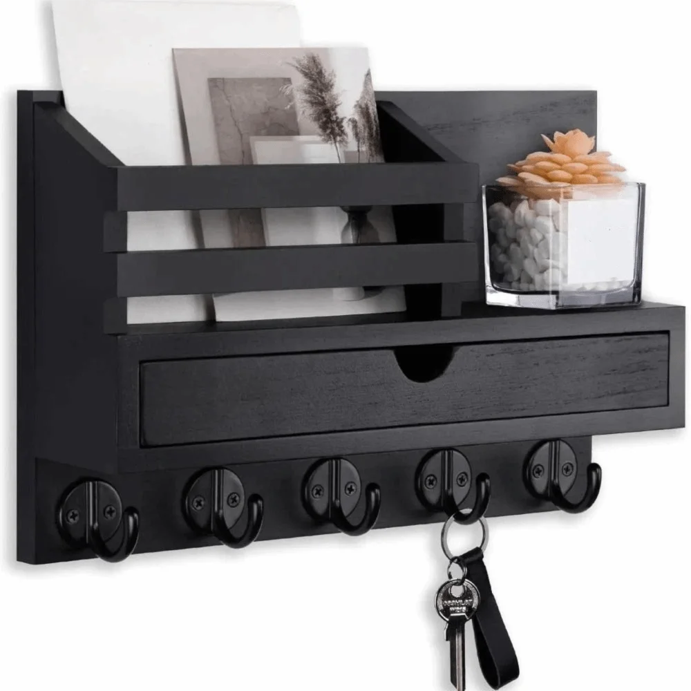 Solid Wood Wooden Wall Mounted Storage Rack Multiple Hooks Simple Design Wall-Mounted Storage Rack With Drawer