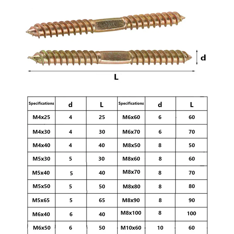 20/30/50/100pcs Carbon Steel Hanger Bolt Wood To Metal Dowels Double Ended Furniture Fixing Self Tapping Screws Wood Thread Stud