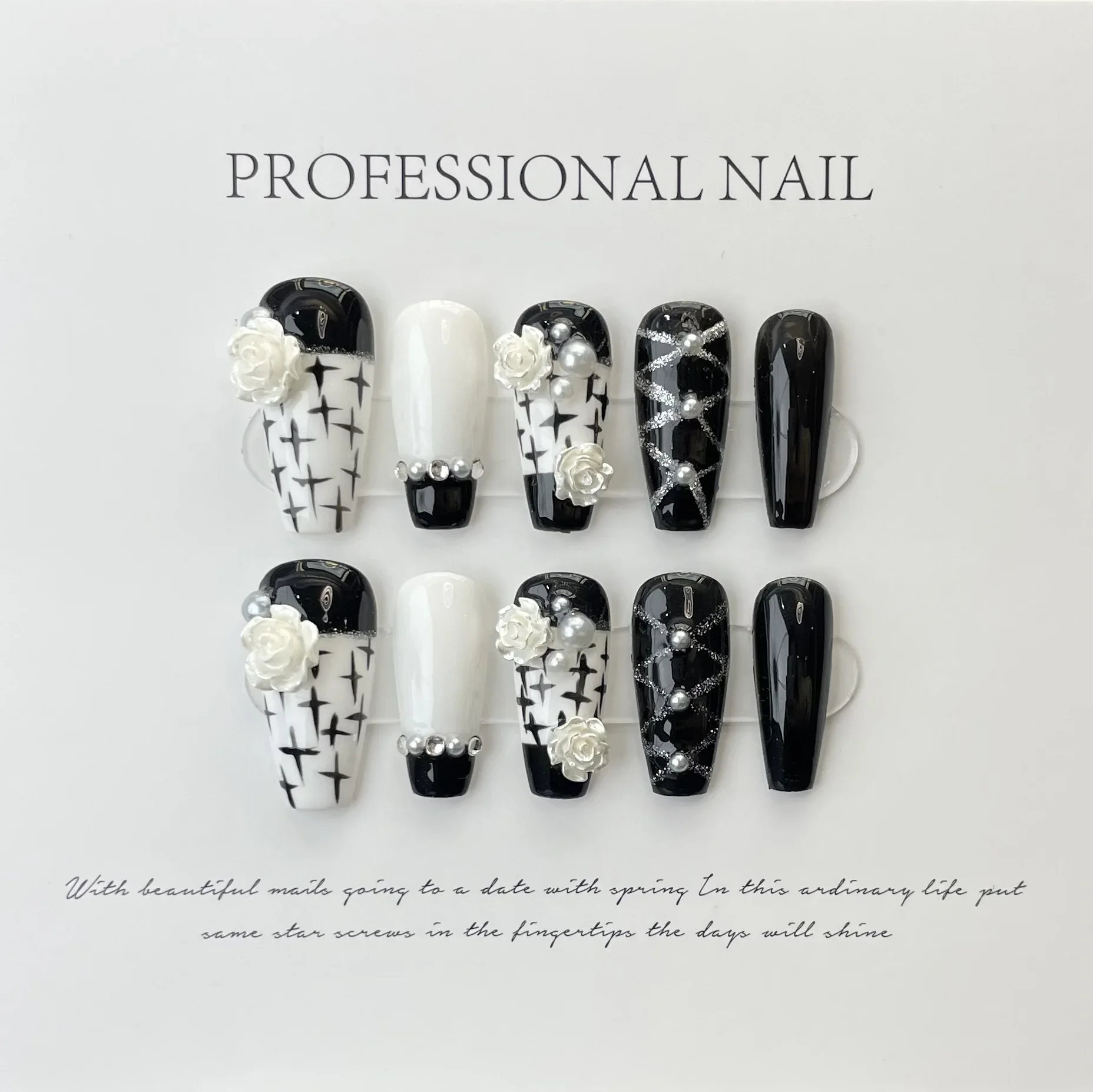 

10Pcs Handmade Press On Nails Black Sweet and Cool Ballerina Full Cover Pearlescent Rose Decoration Manicure Detachable Nail Tip