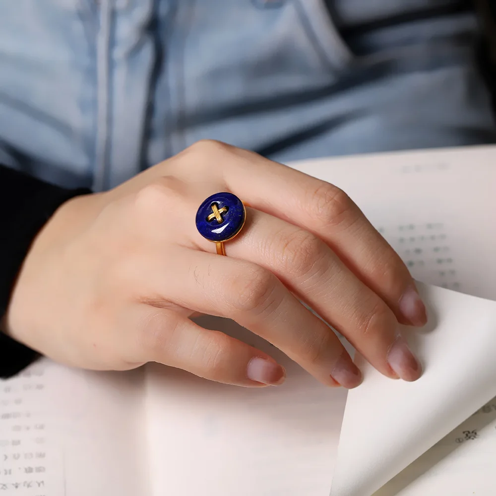 MIQIAO Button Ring Natural Stone Lapis Lazuli 925 Sterling Silver Gold-Plated Color Jewelry For Women Adjustable Fine Gift