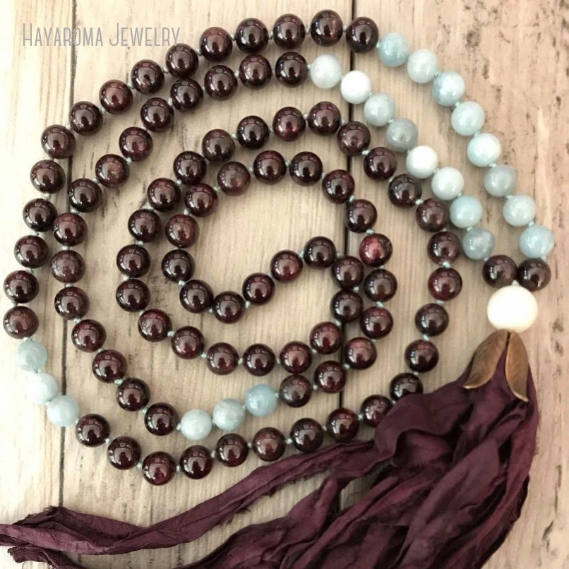 10Pcs Garnets Aquamarines 108 Japa Mala Sacred Rosary Necklace Sari Silk Tassel Hand Knotted Boho Bohemian Jewelry