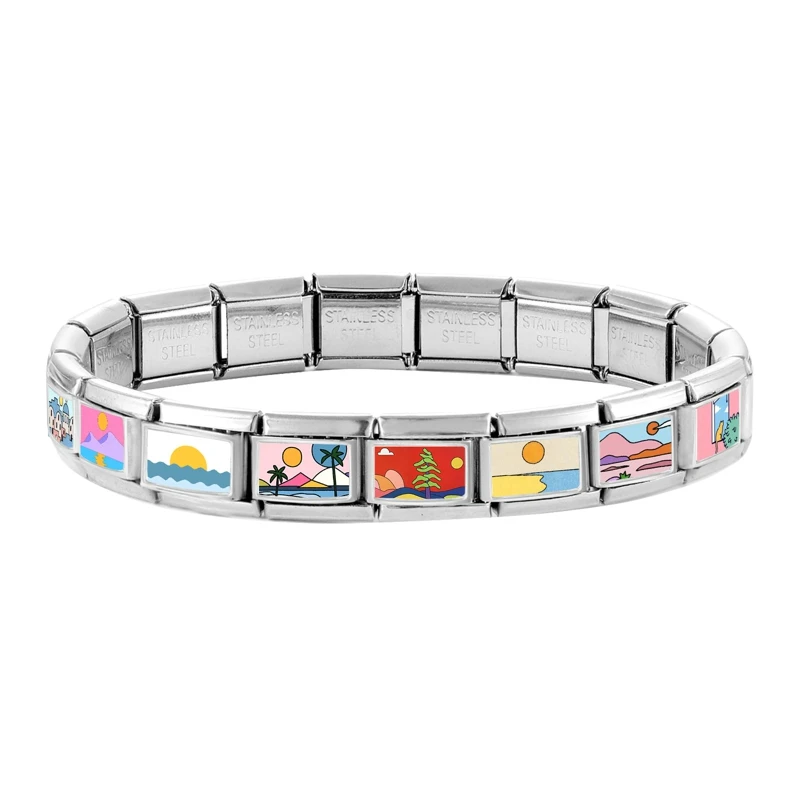 Landscape Sunrise Sunset Seaside Italian Charm Links Fit 9mm Stainless Steel Women Bracelet DIY Jewelry Making Gifts Wholesale