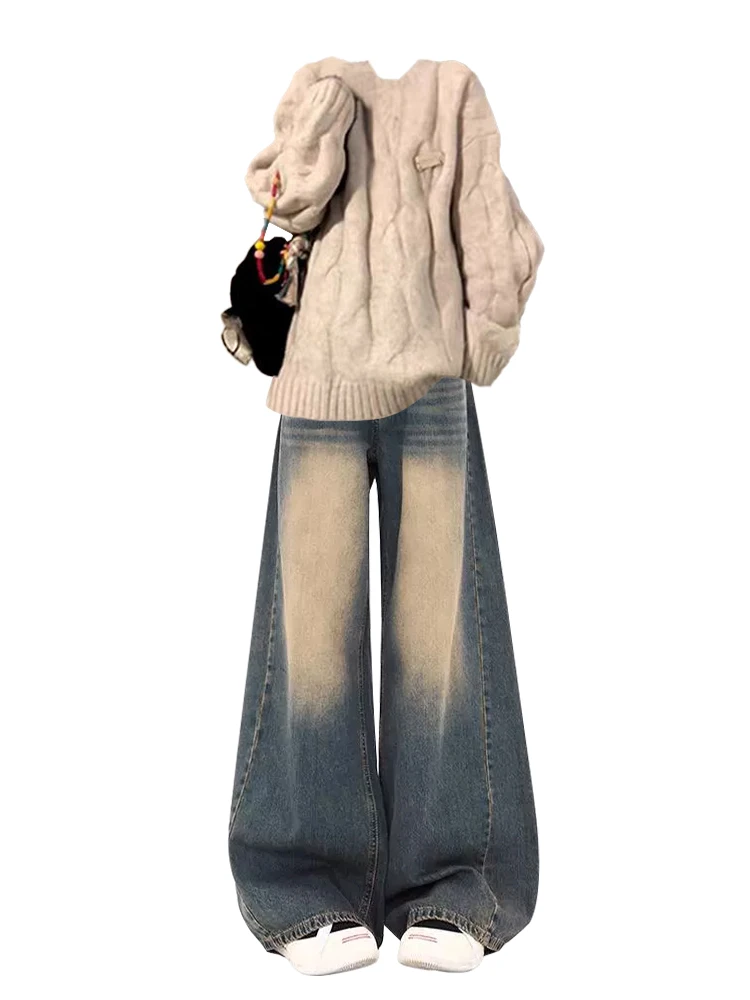 Thiened Knitted Sweater And Wide Leg Jeans Two Piece Set for Women in Autumn Winter Tassel Design Casual Vintage Sle