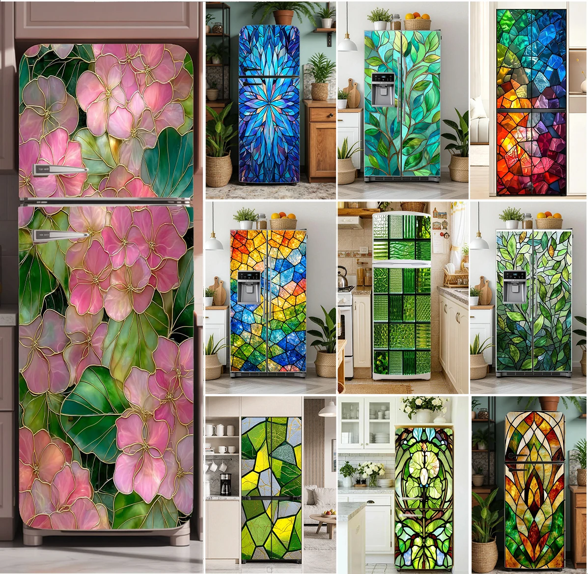 Colorful Stained Glass Fridge Sticker Waterproof Self-adhesive Peel and Stick Refrigerator Door Decals Vintage Art Improvement