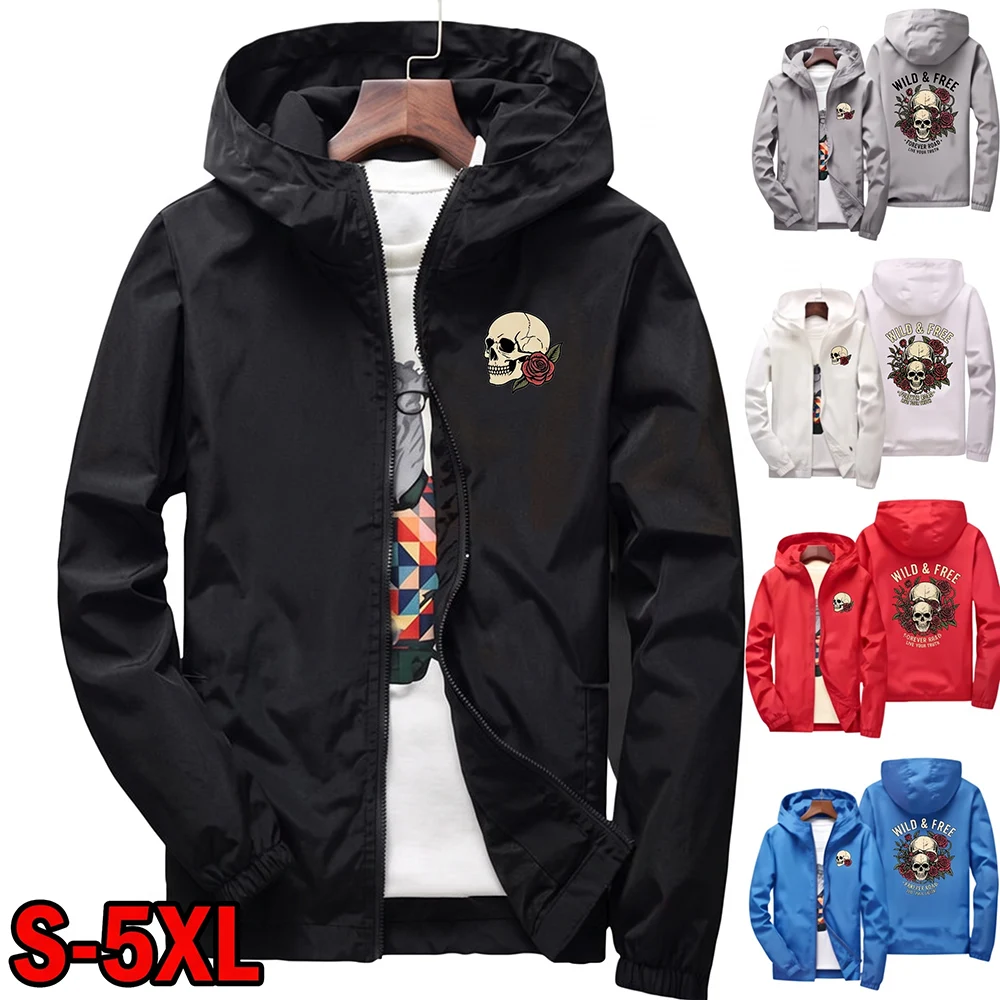 Men's Hooded Windbreaker Wild & Free Skull Rose Print Zip Up Jacket Forever Road Graphic Outdoor Casual Motorcycle Lightweight O