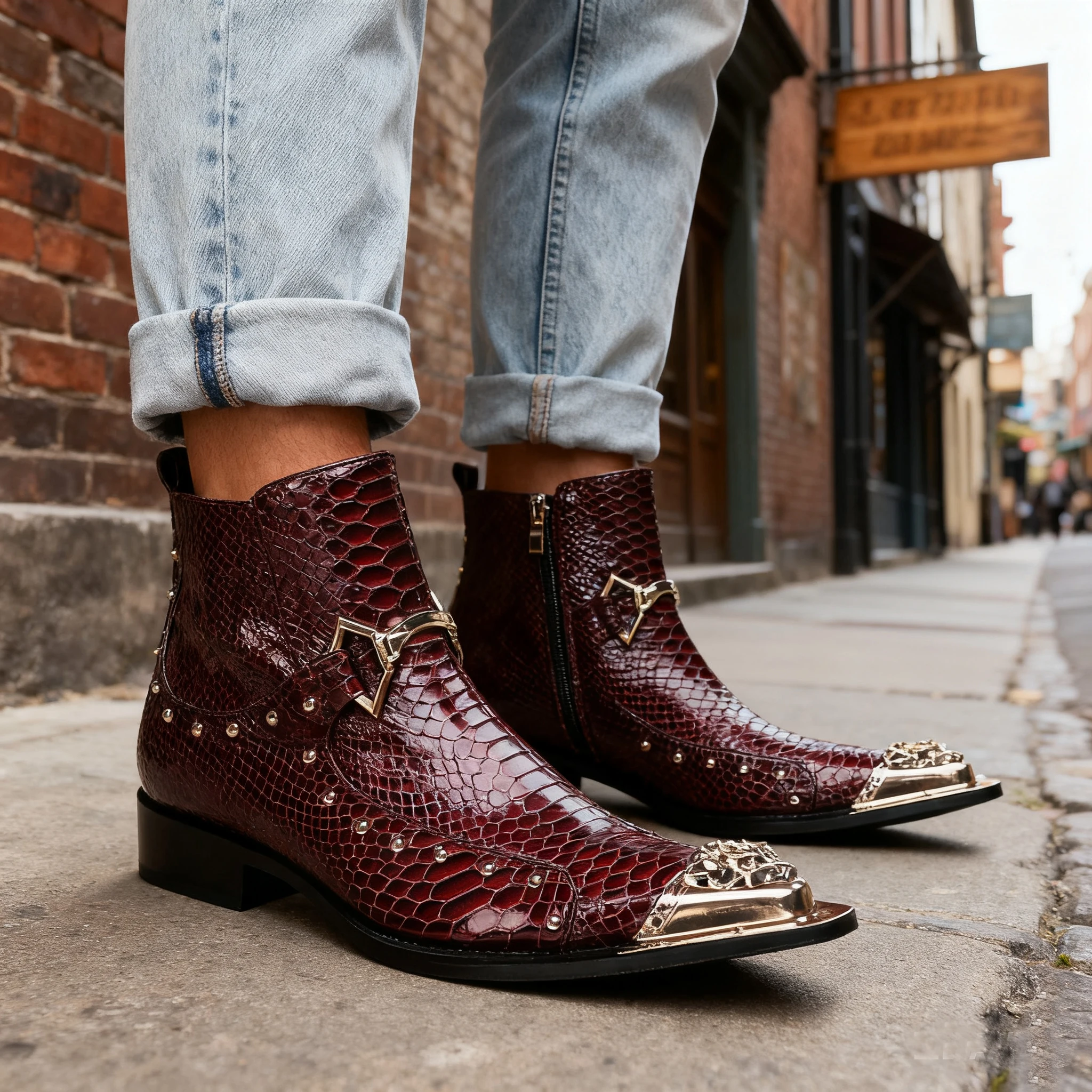 فاسق ريترو جلد الثعبان حذاء من الجلد الرجال المعادن أشار تو برشام فستان أحذية فاخرة روك نمط حفلة أحذية غير رسمية