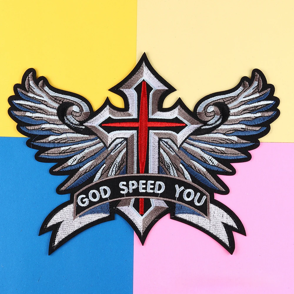 

Punk Gothic Cross Embroidery Patches Iron On Clothing Accessories-Thorn Wings Religious Style Badges for Jacket Backpack Decor