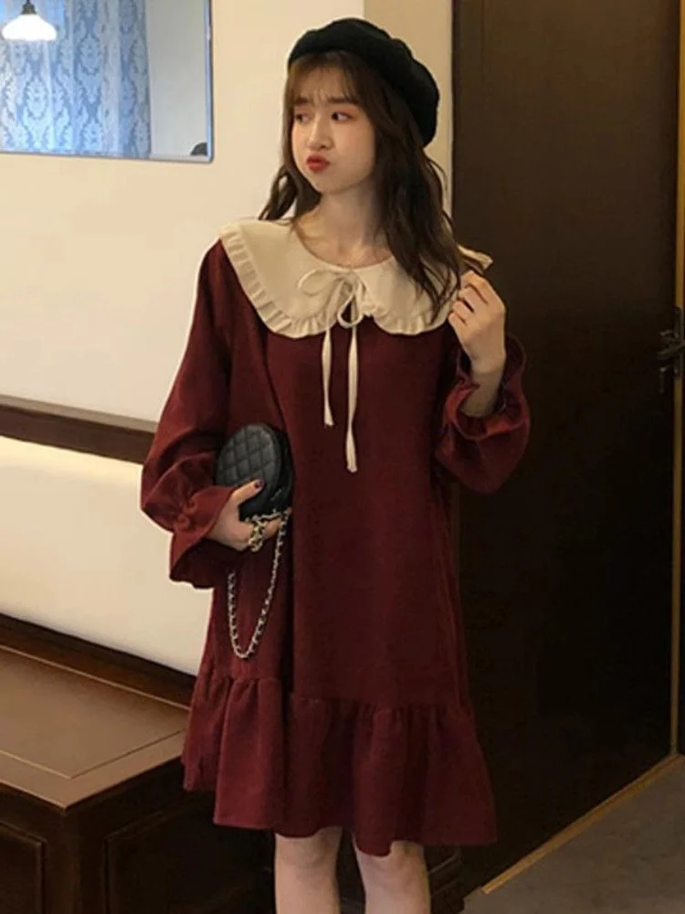 

plus Size Women's Casual Loose Dr with Doll Collar A-Line Midi Skirt Spring Faionable Comfortable Korean Sle Long Sve