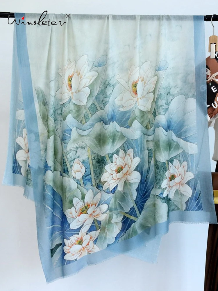 

Winsleter-Женский элегантный длинный шарф из 100% шерсти, 200*100 см с принтом листьев лотоса, теплые шарфы-шали в стиле ретро для мамы, осень 2023, A59914CC