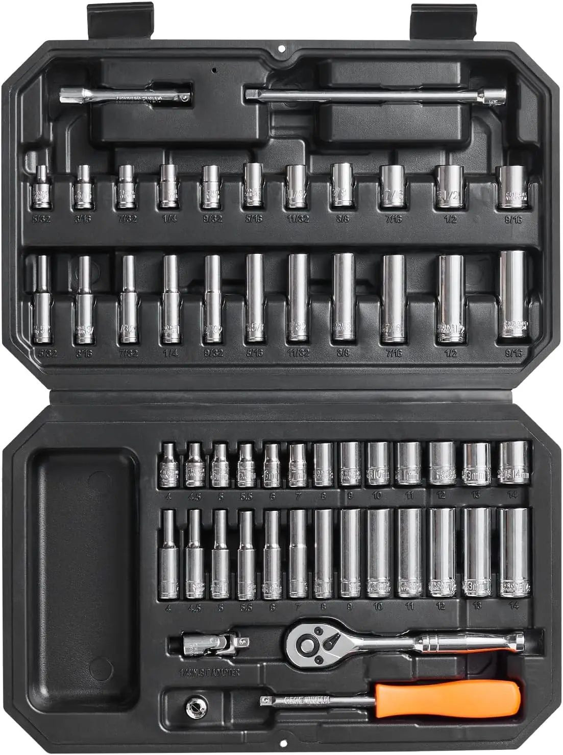 1/4 Inch Drive Socket Set, 54-Piece SAE & Metric, 6-Point Deep & Standard Sockets, CR-V Steel, with Storage Case