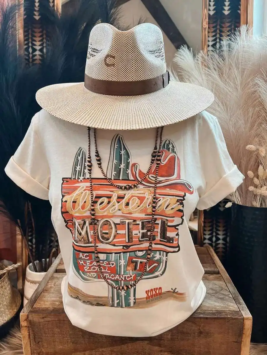 

Western Motel Graphic Print Cotton T-Shirt For Women And Men Casual Loose Fit