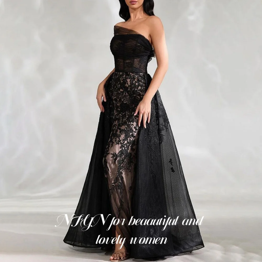 

NFYN Black Elegant Prom Dress One Shoulder Strapless Prom Gown Lace Appliques Chic Woman Evening Dresses for Woman Customized