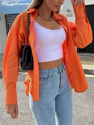 Casual V-hals Lange Mouw Vrouwen Shirts Solid Slim Streetwear Knop Blouse Kantoor Dame Losse Alle Match Lente Herfst Oranje tops