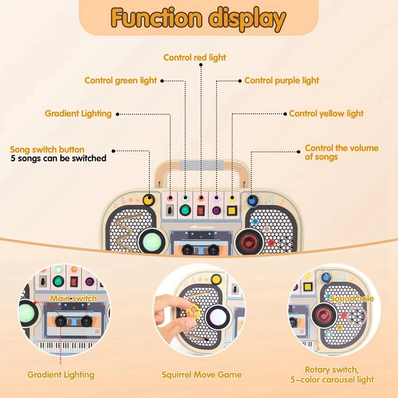 Montessori Wooden Digital Voice Recorder,5 Music Toggle Switchs Toy,Toddler Busy Board With 7 LED Light Montessori Toy