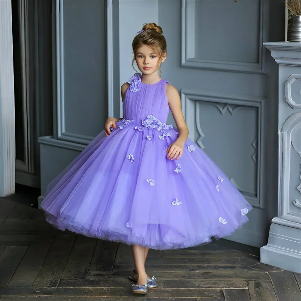 

Customized Dearin Shoulder Girdle Ball Gown Tea Length Skirts Draped Tulle Applique Flower Girl Dresses