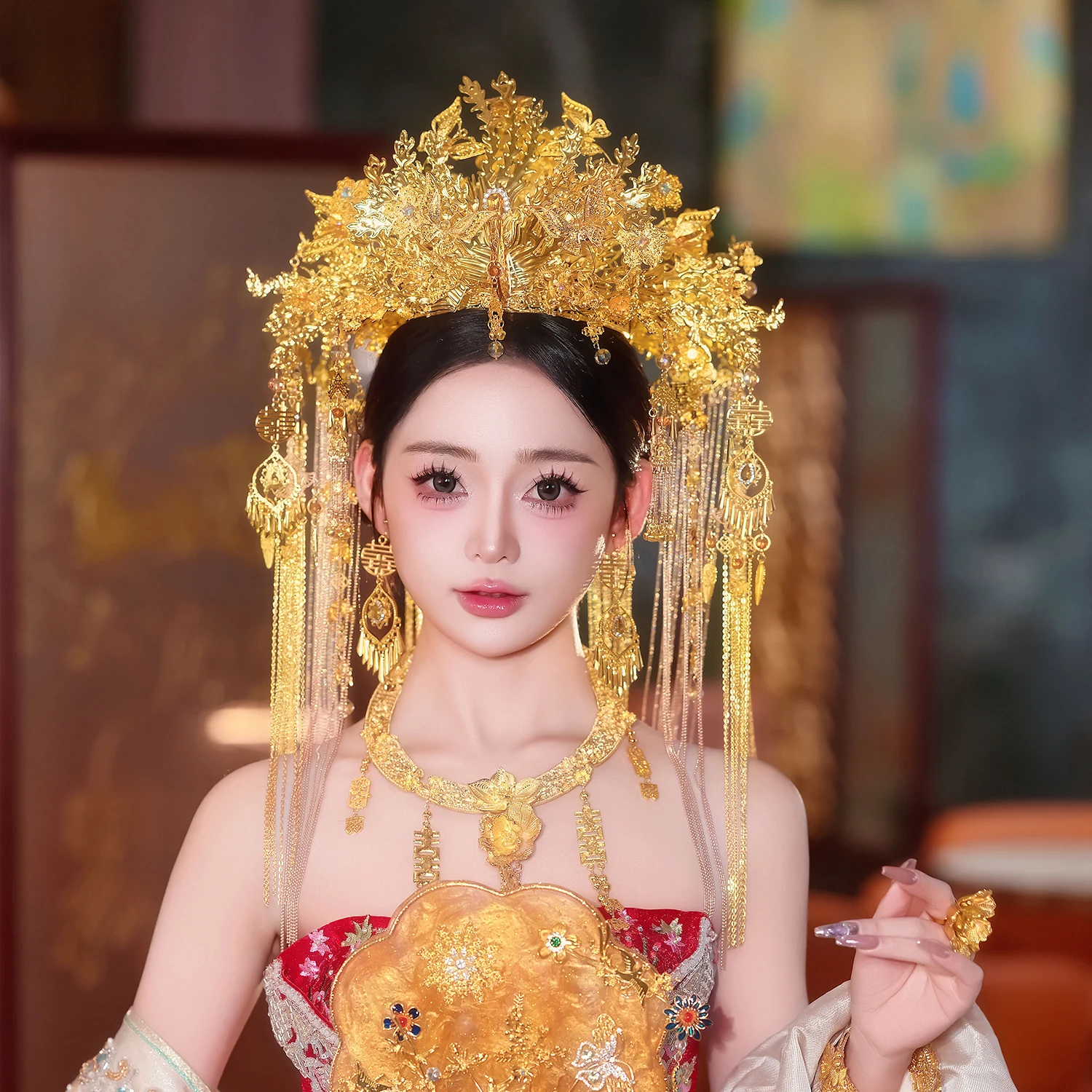Fully Golden Phoenix Hair Crown Chinese Style Bride Wedding Headdress Luxury Tassel Ancient Costume Xiuhe Headpiece Jewelries