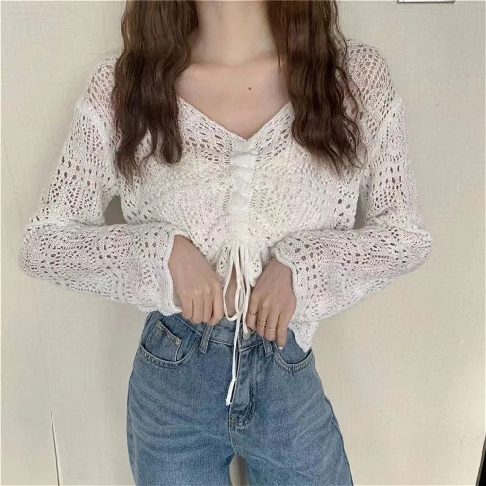 8 Colors Long Sleeve Hollow Out Sweater Women Thin Slim Tops Wild Korean Sweet Candy Color Knit Fashion Pullovers female tops