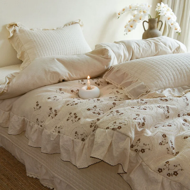 Cotton Linen Blend Quilted Bedspread Set 3Pcs, French Style Solid Lace Ruffled Embroidered Multifunctional Duvet Cover 1PC