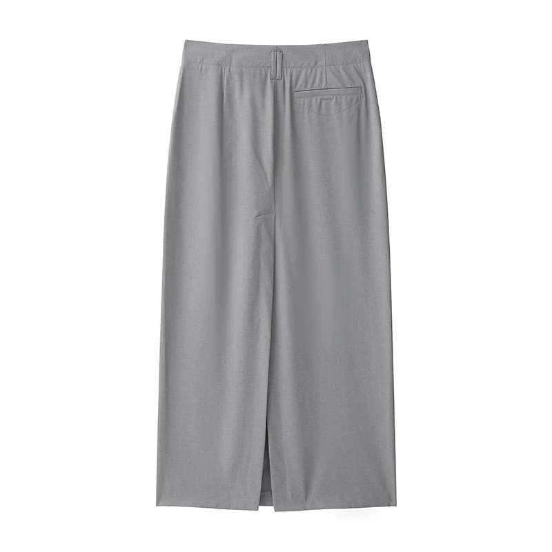 YENKYE Women Grey Midi Suit Skirt High Waist Pleated Back Slit Straight Business Casual Office Skirt