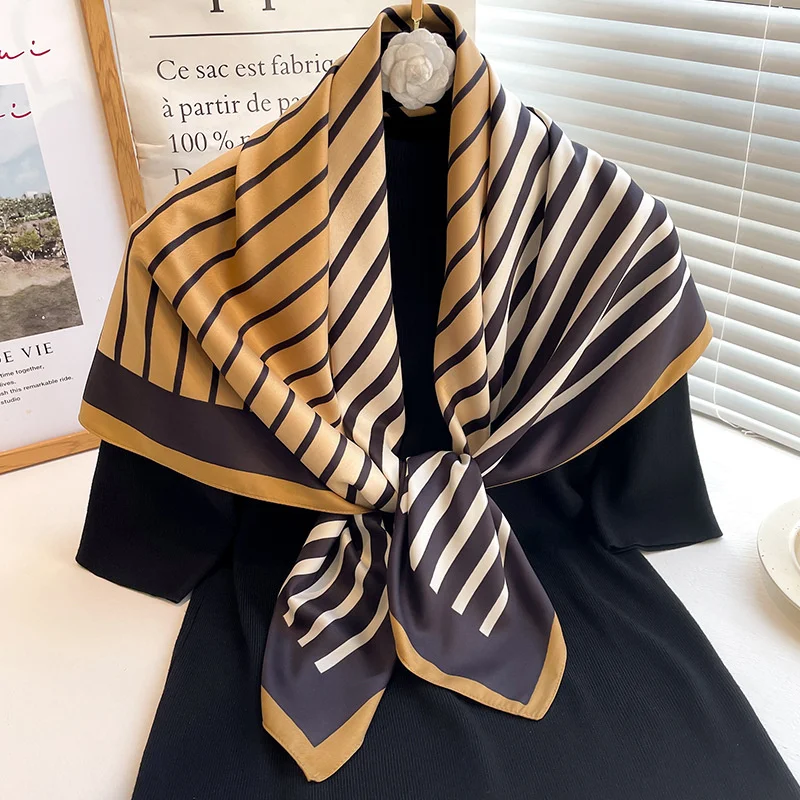 Striped Gradient Scarf Women\'s Simple Luxury Silk Large Square Scarves 90cm Sun Protection Shawl Travel Decoration New