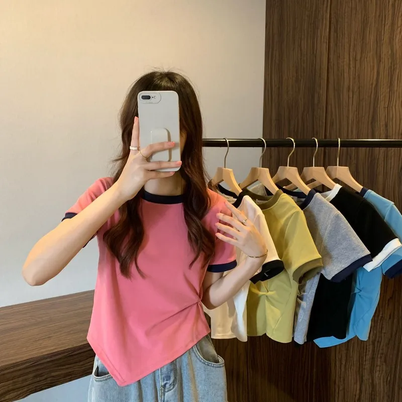 New Summer 2023 T Shirt Women Irregular Design T-shirt Harajuku Tops Tee Cute Short Sleeve Round Sleeve Tshirt Female Clothes