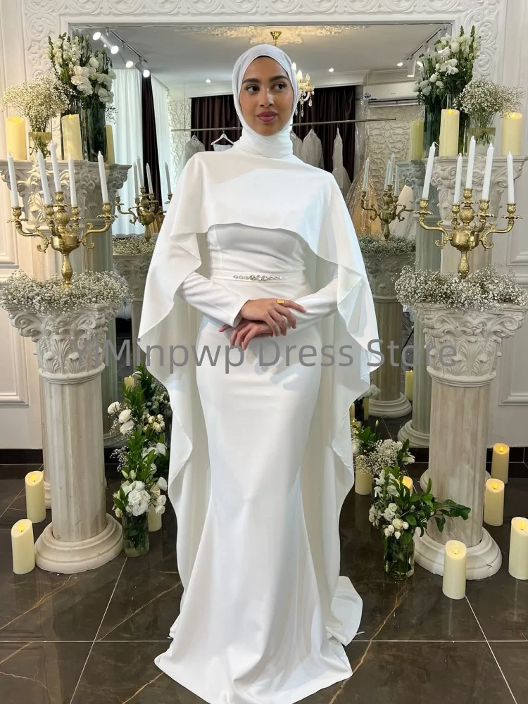 이슬람 웨딩 드레스 Hijab 긴 소매 높은 목 인어 스윕 트레인 신부 가운 맞춤형 فساتين حفلات الزفاف