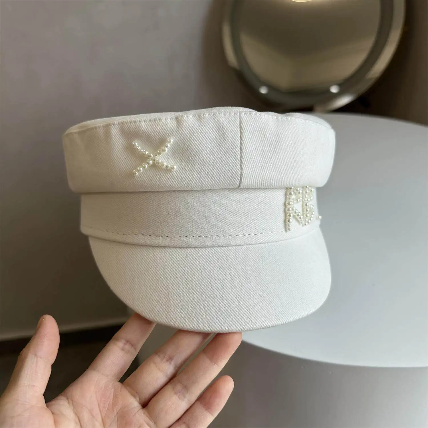 Monogram-embellished Brand Pearl/Stitched/Metallic Baker Boy Hat Spring Summer Vintage Flat Top Sun Cap Artist Hats for Women